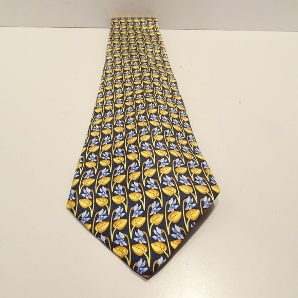 Burberry London Tie Mens Silk Blue Floral Print Made In Italy Classic Gold - Picture 2 of 4